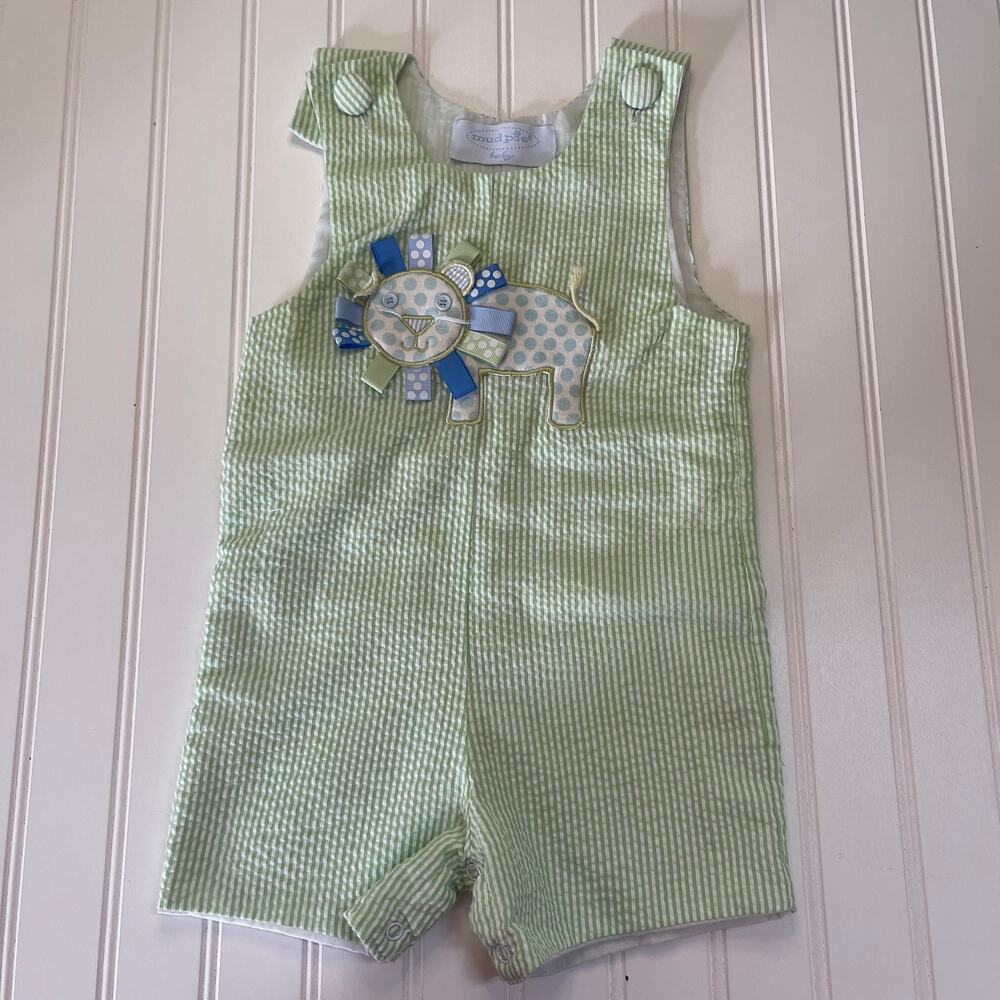 Mud Pie Baby Lion Seersucker Romper Striped Snap Bottom Applique Boys‎ 18 Months